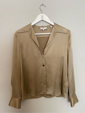Vince Tan Silk-Blend Button Front Blouse